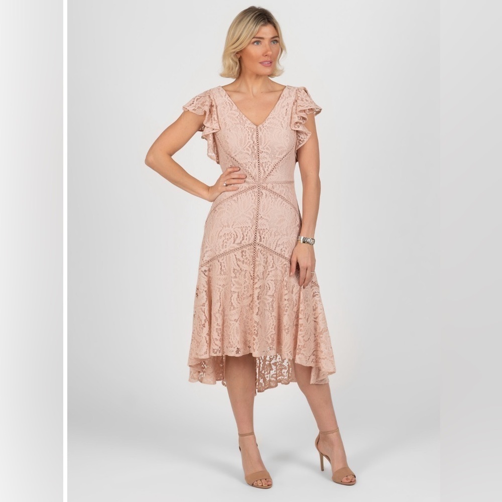 Taylor Peach Dress V Neck Lace Asymmetric Hem Flutter Sleeve Boho Fairy Ethereal
